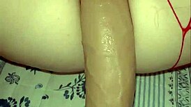 Soft petite redhead's shaved pussy devours monster dildo in close-up bedroom play pt 1