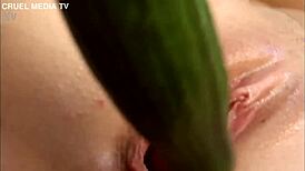 Beautiful Czech blonde Gina teases tight pussy with fruits close-up