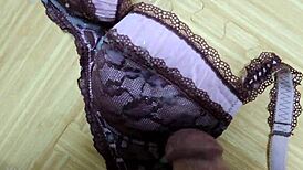 stepsis black lingerie hides pink bra but my hot cumshot drenches it all