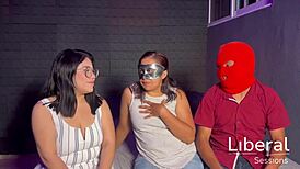 Wife's first cuckold threesome as husband watches her with two guys