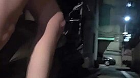 ting xuan pees outdoors publicly then masturbates her shemale cock to cum on thigh