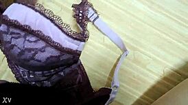 stepsis black lingerie hides pink bra but my hot cumshot drenches it all