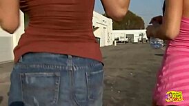 two slutty babes deepthroat pink dildo then ride lick and fuck each others tight cunts to orgasm