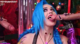 horny jinx cosplay slut sucks cock through x-mas gloryhole then takes anal pounding
