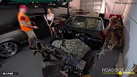 Mechanic Services Busty Babe Beyond Her Roadside Car Troubles