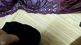 stepsis black lingerie hides pink bra but my hot cumshot drenches it all