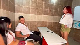 me and two big tits latinas in hardcore threesome licking asses riding cocks deepthroat till wet pussy creampies