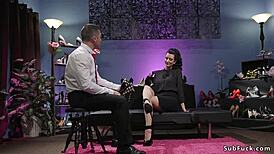 bound foot-sniffing sub endures deep femdom strapon assfucking