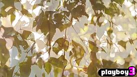 Katya Clover Strips Petite Naked Body Amid Nature Poses