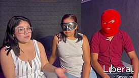 Wife's first cuckold threesome as husband watches her with two guys