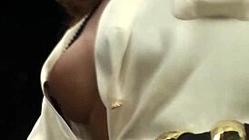 Ebony tgirl's huge jugs overflowing with hot sticky jizz!