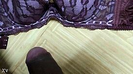 stepsis black lingerie hides pink bra but my hot cumshot drenches it all