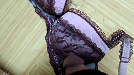 stepsis black lingerie hides pink bra but my hot cumshot drenches it all