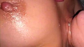 Overwhelming Ecstasy Cumming on Her Huge Tits After Wet Shower Blowjob