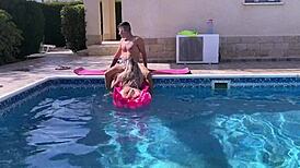 Neighbor Mom Bent Over Pool Edge Takes Deep 90-Degree Pounding