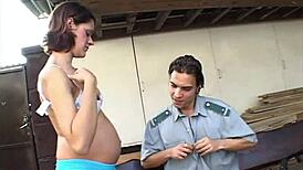 Barefoot pregnant Euro babe fingers pussy then rides cock deepthroat doggystyle