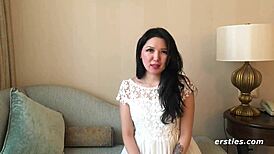 Ameliya spreads legs fingers shaved pussy clit intimately on bedroom bed