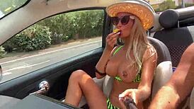 Monika Fox rips clothes bares pierced tits for wild car strip