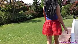 amateur babe teases pussy upskirt no panties short skirt garden fresh air 4k