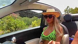 Monika Fox rips clothes bares pierced tits for wild car strip