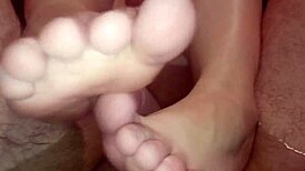 Footjob bitch takes two cocks while angry husband watches in bathroom