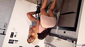 Step-Dad Joins Kitchen Lesbian FFM Threesome With Curvy Classmate After Catching Them