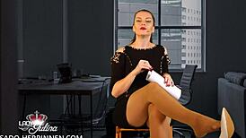 the office domina lady julina interviews him as her nylon shoe foot slave