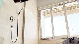 cute japanese college girl soaps skinny body in steamy shower