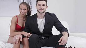 zack dickson drops to his knees licking violet moore's oiled pussy before riding her with big cock cowgirl