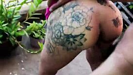 Morena with huge ass in little dress spreads wide on balcony for rough interracial pussy pounding