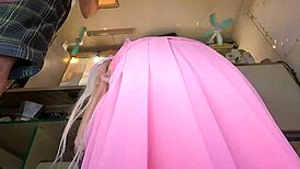 voyeur spies hot girl pink dress upskirt no panties tampon pussy tease at work