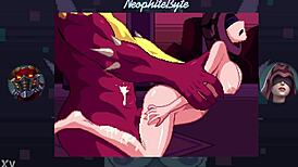 Monster dominates Seris roughly doggystyle in retro cartoon belly game