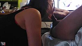 french slut's tight black satin clings while rimming and fucking pov