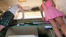 voyeur spies hot girl pink dress upskirt no panties tampon pussy tease at work