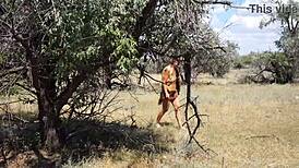 Shy Aboriginal Cosplayer Dances Outdoors in Mature Amateur Costume