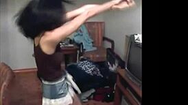 Thai ladyboy dances in jean skirt stripping to reveal monster cock and big tits