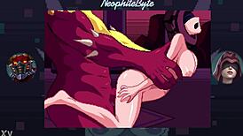 Monster dominates Seris roughly doggystyle in retro cartoon belly game