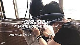 asian in latex catsuit endures outdoor public rubber bondage mummification