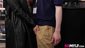 that hot milf wife sneaks quick cheating sex in shop with big tits out voyeur style