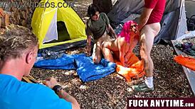 Three Guys Freeuse Hot Teen Chick's Holes During Camping Fuckfest