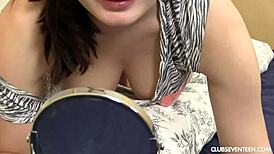 Chesty teen fingers her outdoor slit until juicy orgasm hits hard