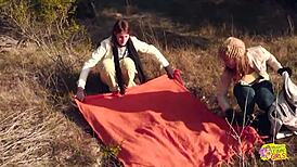 Two Brunette Friends Picnic Turns Strapon Lesbian Doggystyle Outdoor Pussy Lick