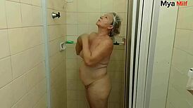 madrasta catches adoptive son jerking off while showering then they bareback fuck interracial in the wet shower