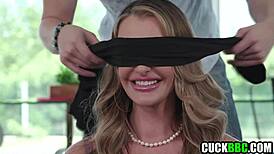 Husband BLINDFOLDS wife for big black cock surprise. Cuckold watches her FUCKED hard by monster BBC