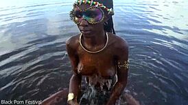 Skinny African village girl struts naked outdoors hunting for cock