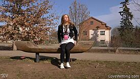 Chrissy Fox squirts piss outdoors in public solo scene