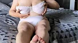 White busty granny masturbates with toy to massive orgasm in lingerie