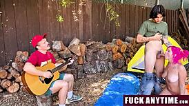Three Guys Freeuse Hot Teen Chick's Holes During Camping Fuckfest