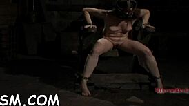 Blindfolded angel gagged as toy shovels deep into bound twat