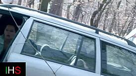 Blonde slut rides cock doggystyle bent over in forest car gets anal rimjob and swollen pussy fucked missionary